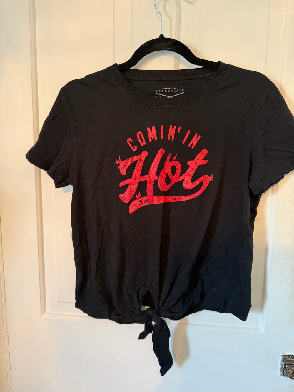 Grunt Style Black Tie-Front Tee with Red 'Comin' In Hot' Graphic